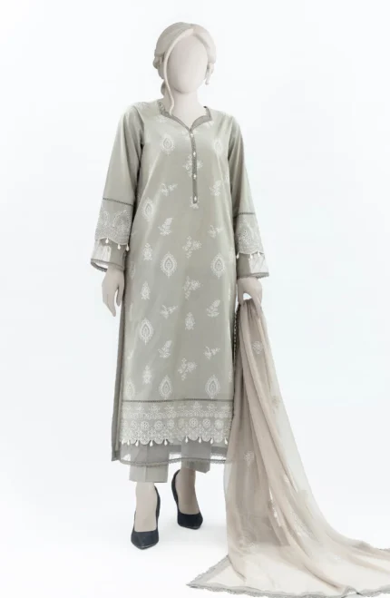 EMBROIDERED 3PC UNSTITCHED SUIT - GREY