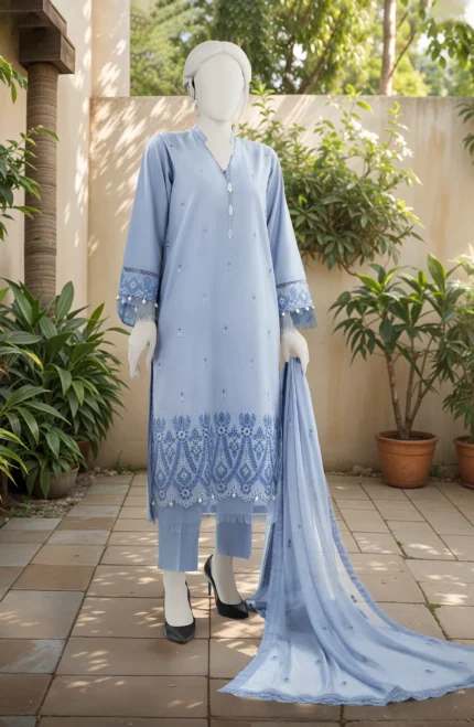 EMBROIDERED 3PC UNSTITCHED SUIT - BLUE