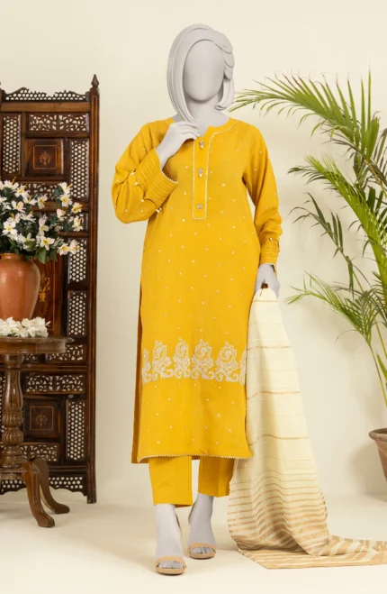 EMBROIDERED 3PC UNSTITCHED SUIT - YELLOW